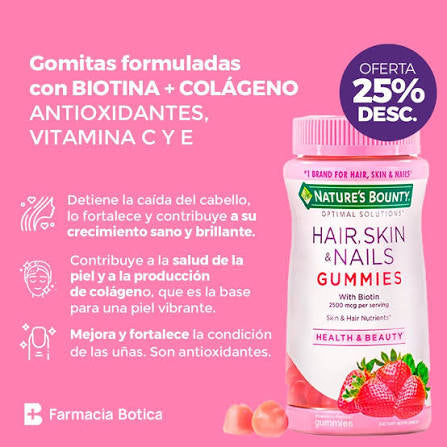 GOMITAS NATURE'S BOUNTY HAIR, SKIN & NAILS 2,500 MCG DE BIOTINA PARA CABELLO, PIEL Y UÑAS - 80 GUMMIES