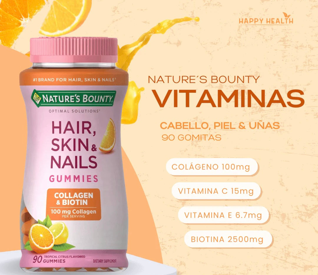 GOMITAS NATURE'S BOUNTY HAIR, SKIN & NAILS 100 MCG DE COLLAGEN & BIOTINA PARA CABELLO, PIEL Y UÑAS - 80 GUMMIES