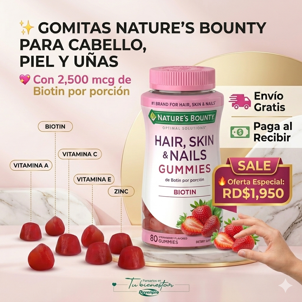 GOMITAS NATURE'S BOUNTY HAIR, SKIN & NAILS 2,500 MCG DE BIOTINA PARA CABELLO, PIEL Y UÑAS - 80 GUMMIES