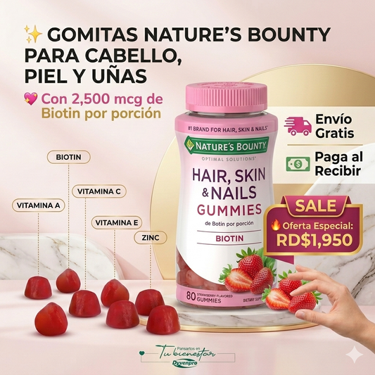 GOMITAS NATURE'S BOUNTY HAIR, SKIN & NAILS 2,500 MCG DE BIOTINA PARA CABELLO, PIEL Y UÑAS - 80 GUMMIES