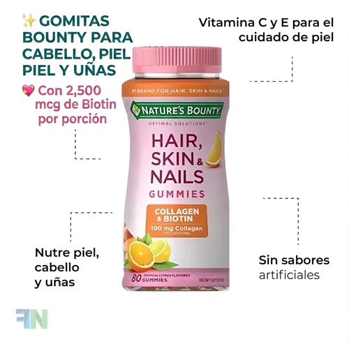 GOMITAS NATURE'S BOUNTY HAIR, SKIN & NAILS 100 MCG DE COLLAGEN & BIOTINA PARA CABELLO, PIEL Y UÑAS - 80 GUMMIES