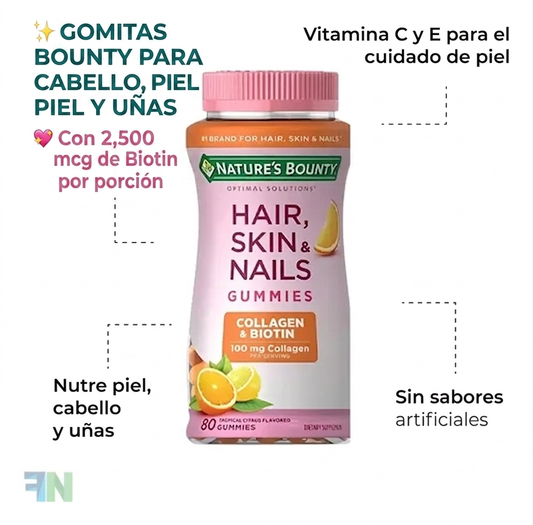 GOMITAS NATURE'S BOUNTY HAIR, SKIN & NAILS 100 MCG DE COLLAGEN & BIOTINA PARA CABELLO, PIEL Y UÑAS - 80 GUMMIES